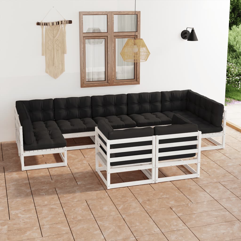 9-tlg. Garten-Lounge-Set mit Kissen Weiss Kiefer Massivholz